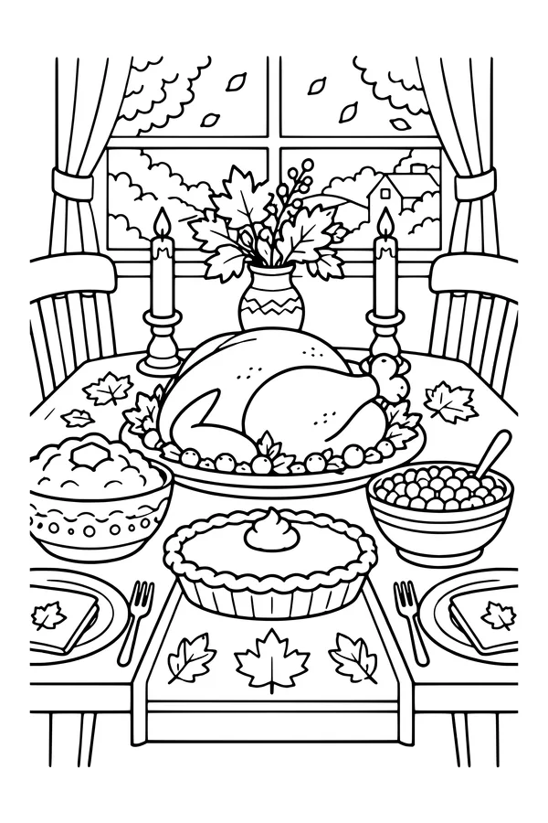 Coloring page of a Thanksgiving dinner table with a roast turkey, side dishes, a pie and candles